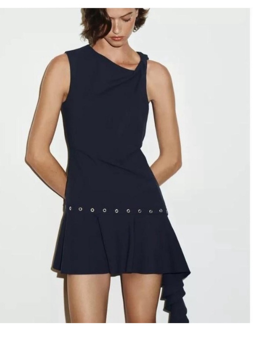 Zara Navy Sleeveless Mini Dress with Eyelet Trim